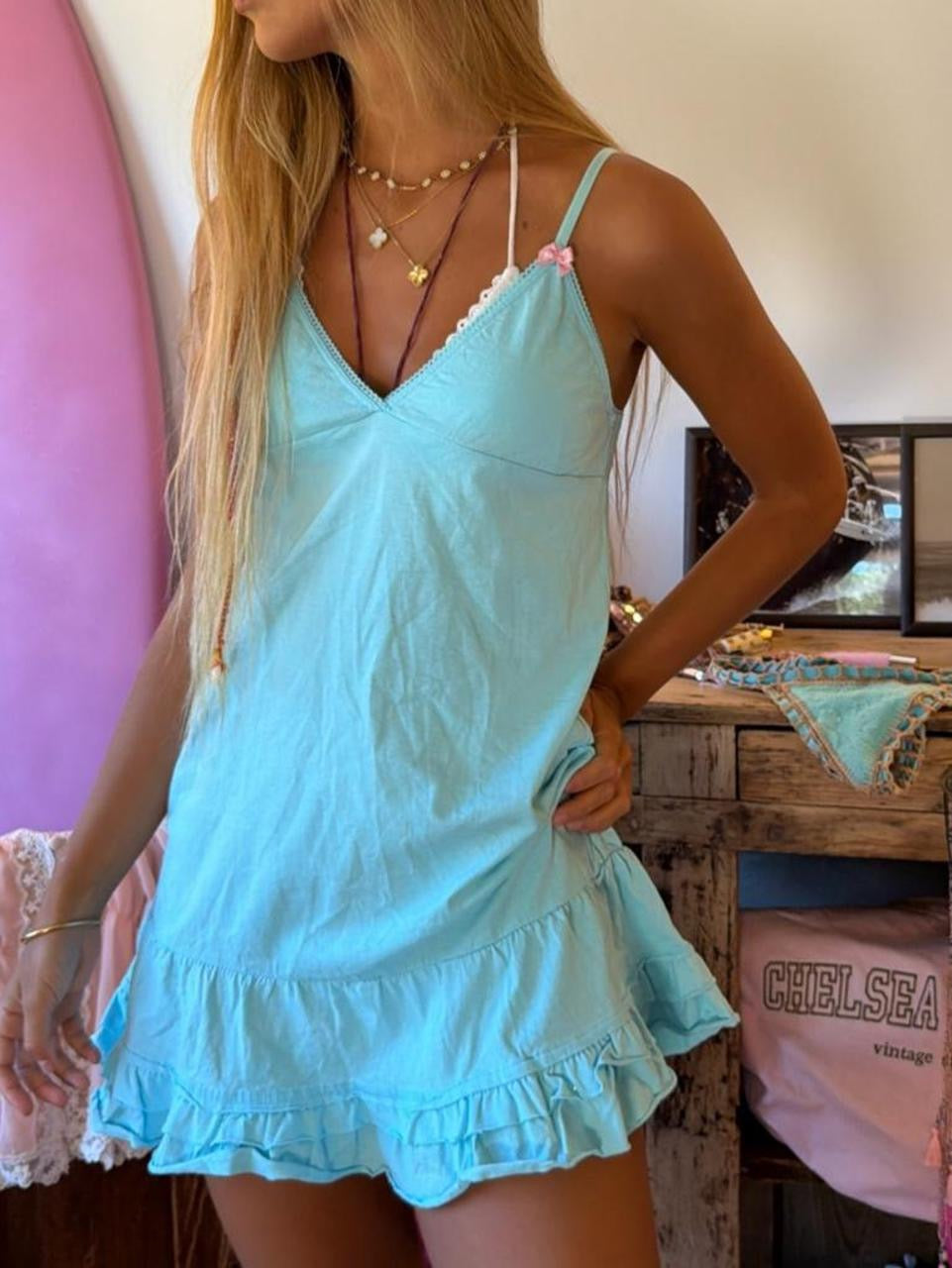 Vintage 00’s aqua blue ruffle mini dress