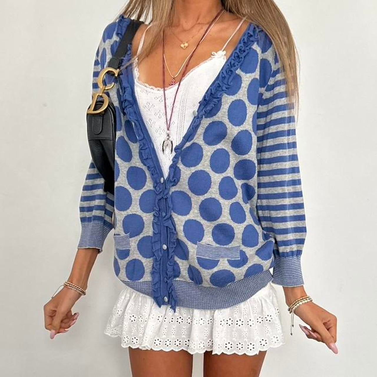 Vintage 2000s blue polka dot & stripe cardigan