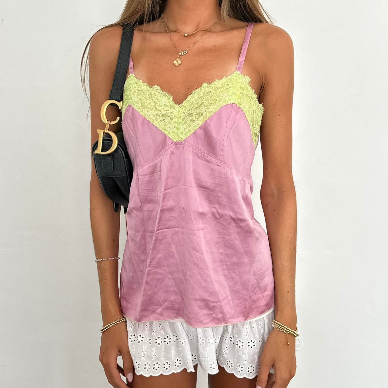 Vintage 90’s silk pink and green lace top