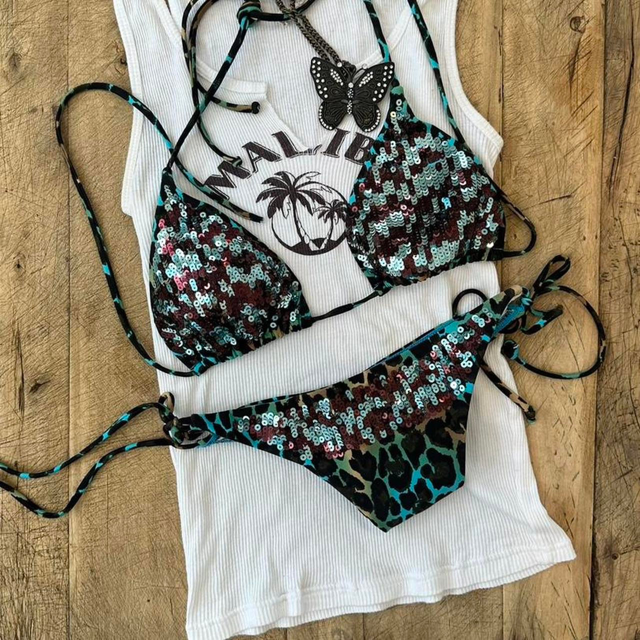 Vintage 00s sequin turquoise leopard print bikini