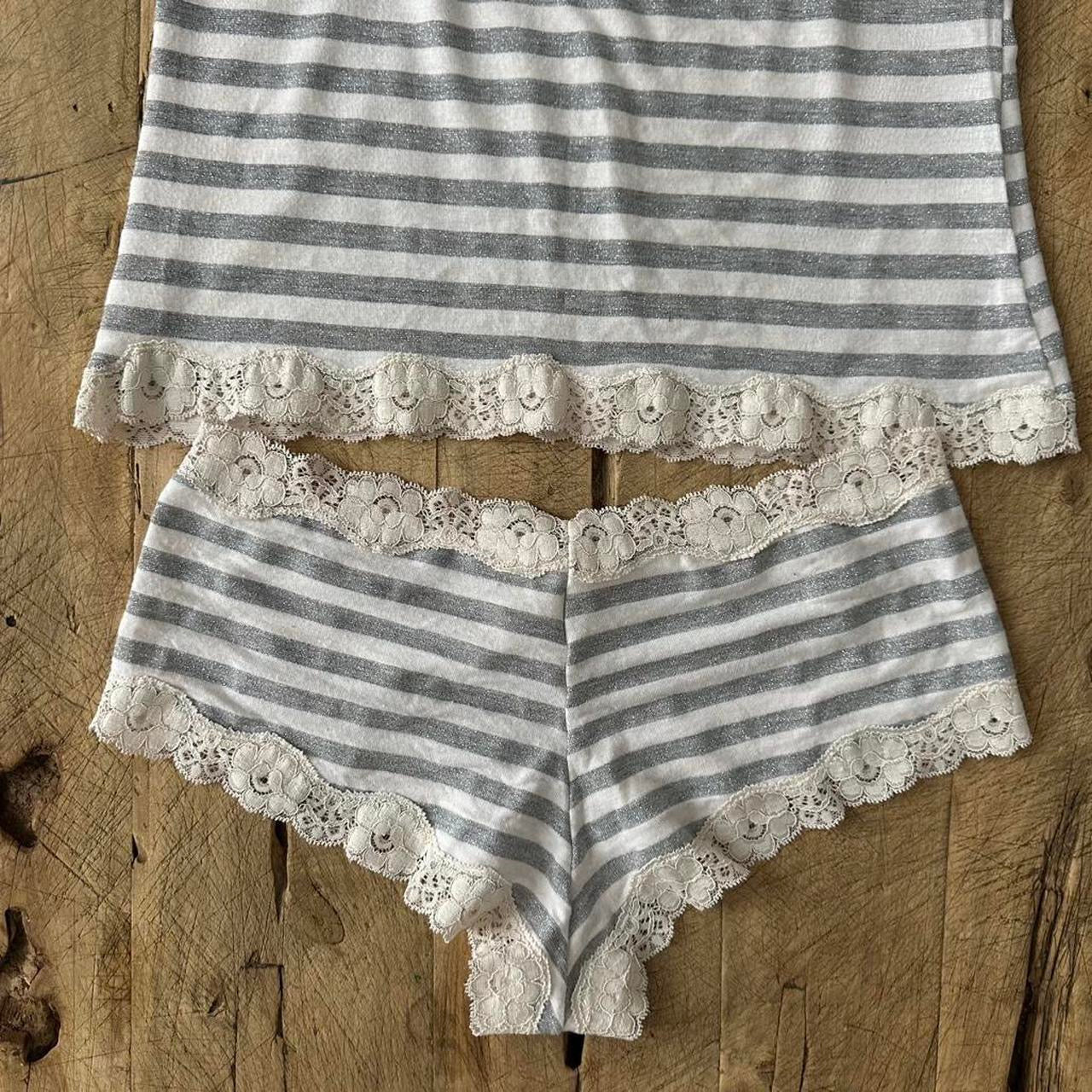 Vintage grey and white striped lace cami top and sleep shorts set