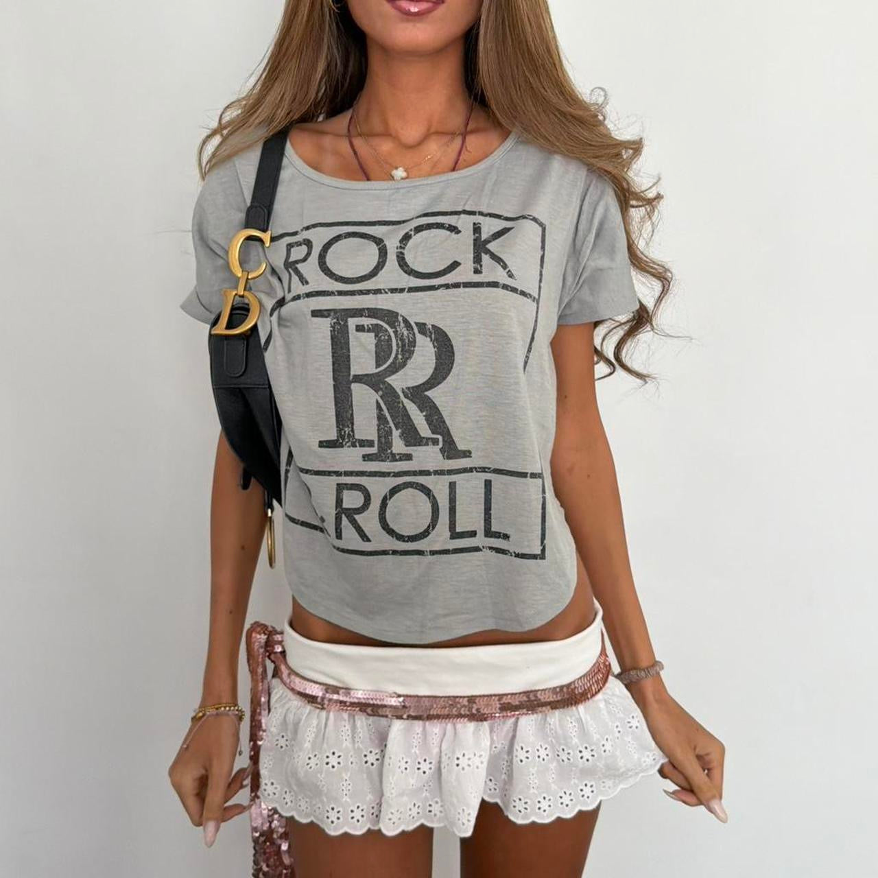 Vintage 90’s rock & roll off the shoulder baby tee