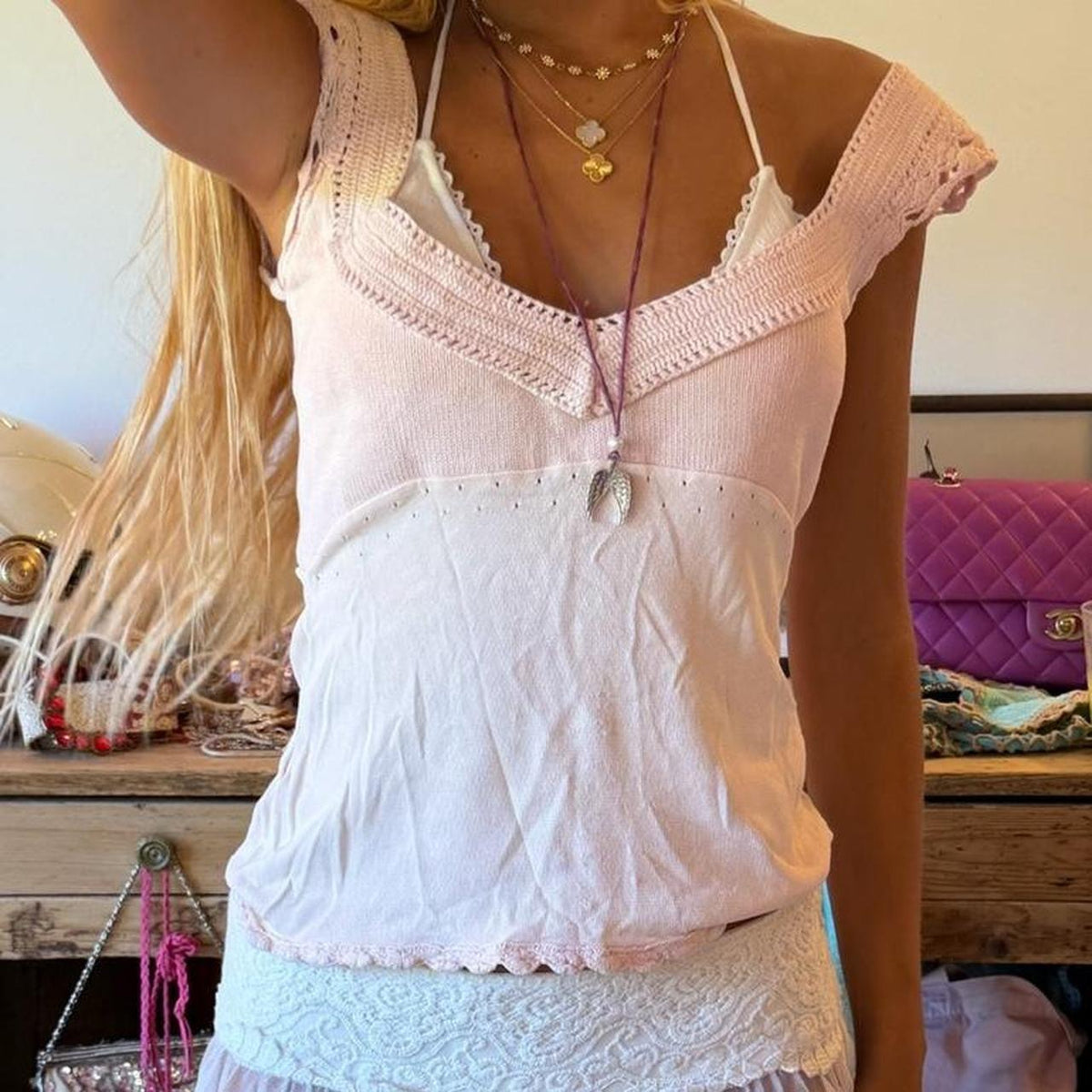 Vintage 00s pink crochet knit cami top