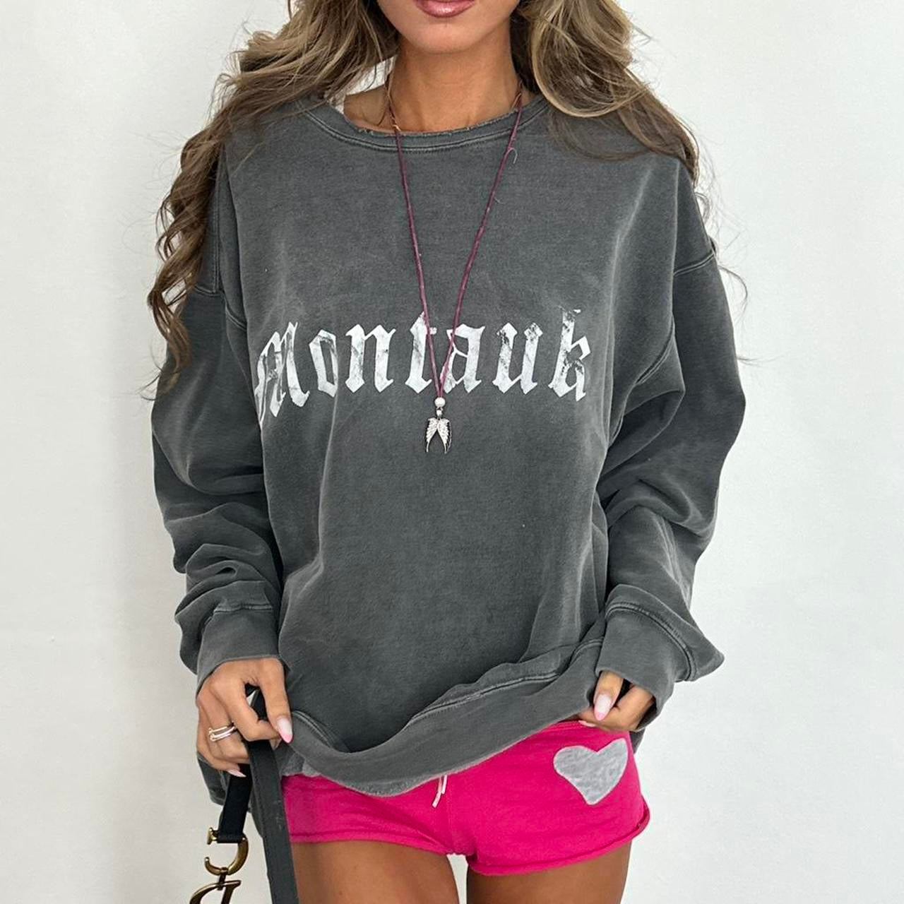 Vintage grey Montauk script washed distressed sweatshirt