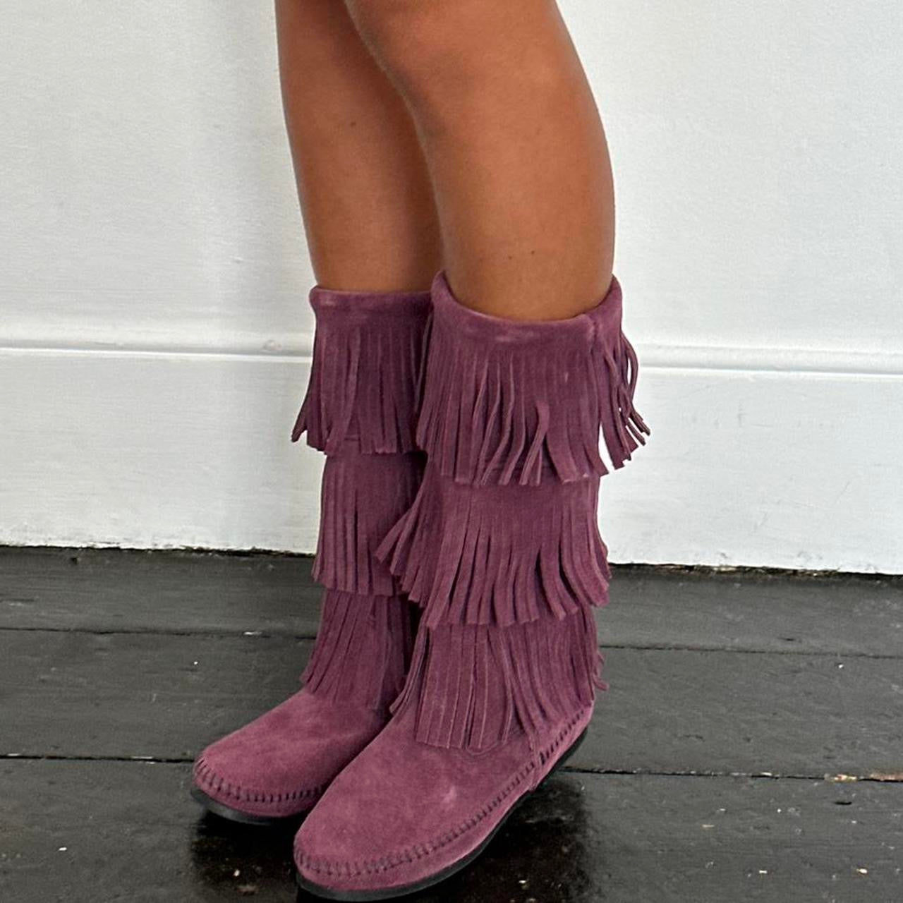 Vintage plum suede fringe leather boots