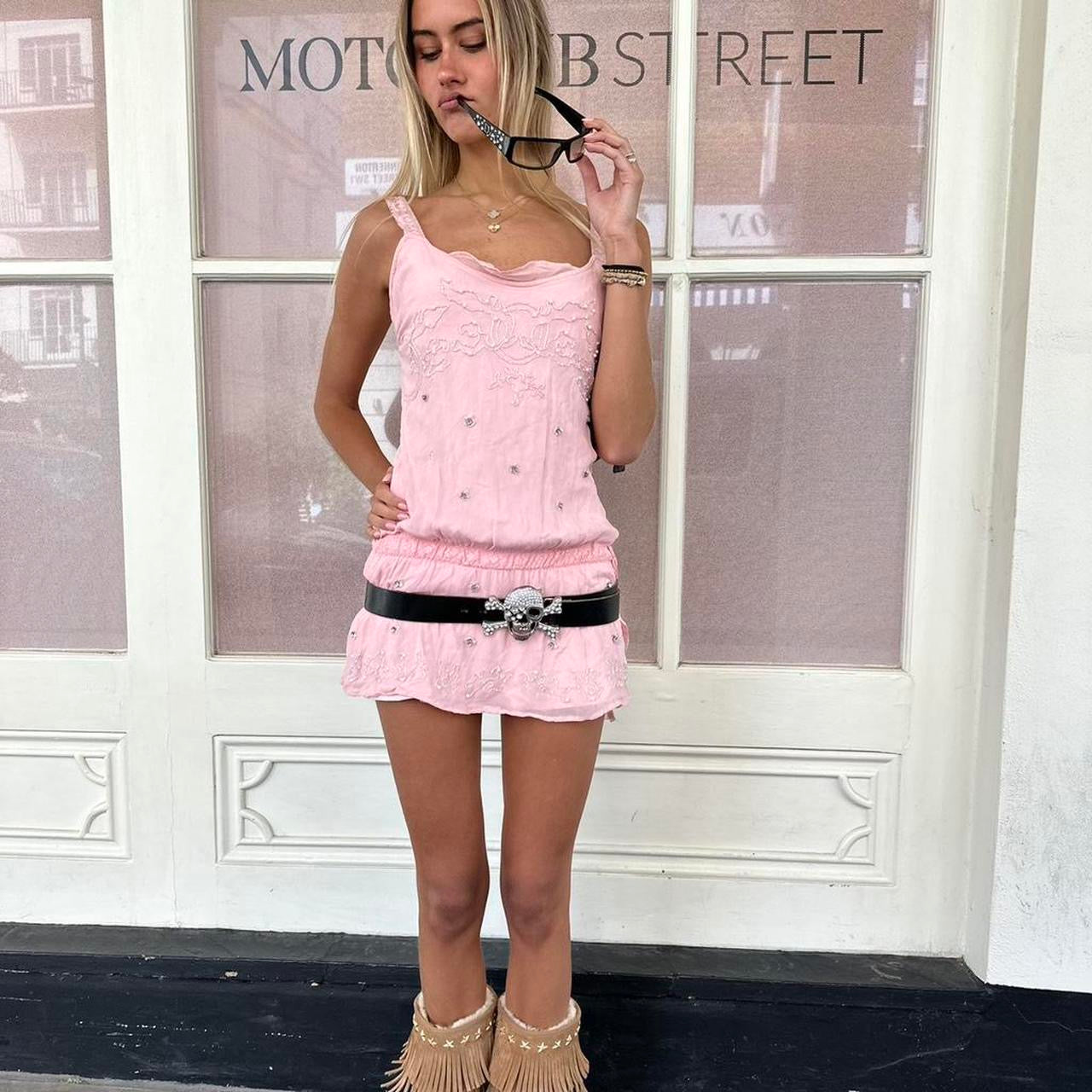 Vintage 2000s pastel pink lace sequin mini dress