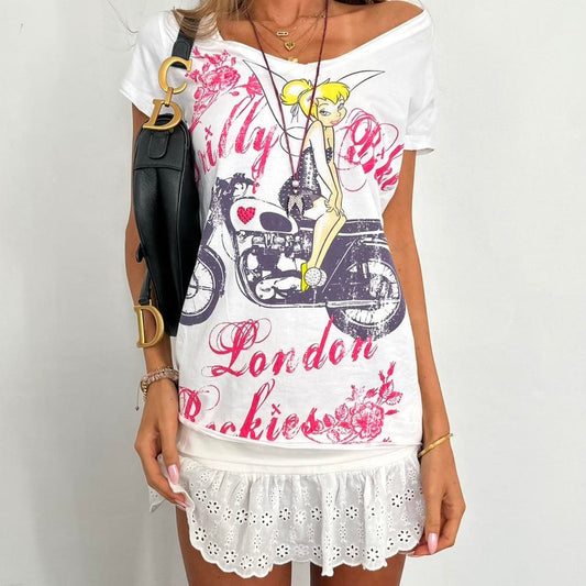 Vintage 2000’s Tinker bell motorbike off shoulder top