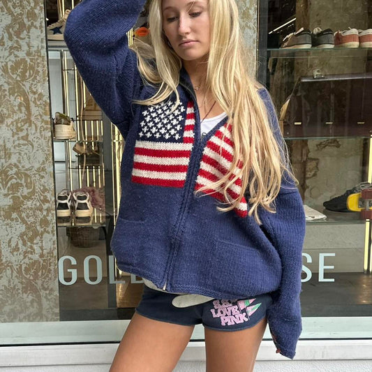 Vintage 2000’s navy American flag knitted zip up hoodie