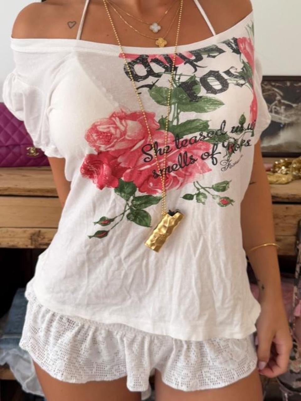 Vintage 00s graphic off shoulder rose top