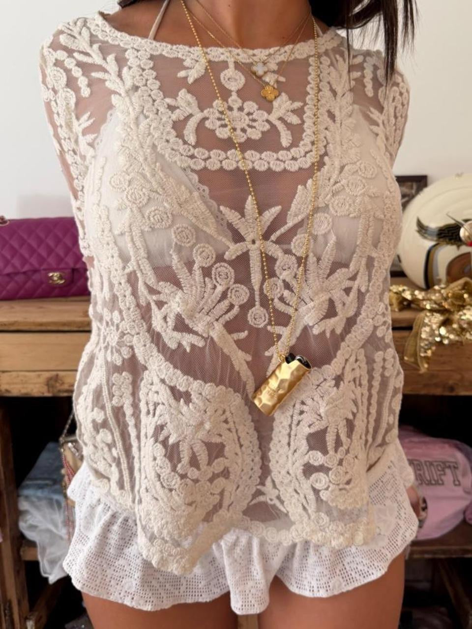 Vintage 00s boho lace white long sleeve top