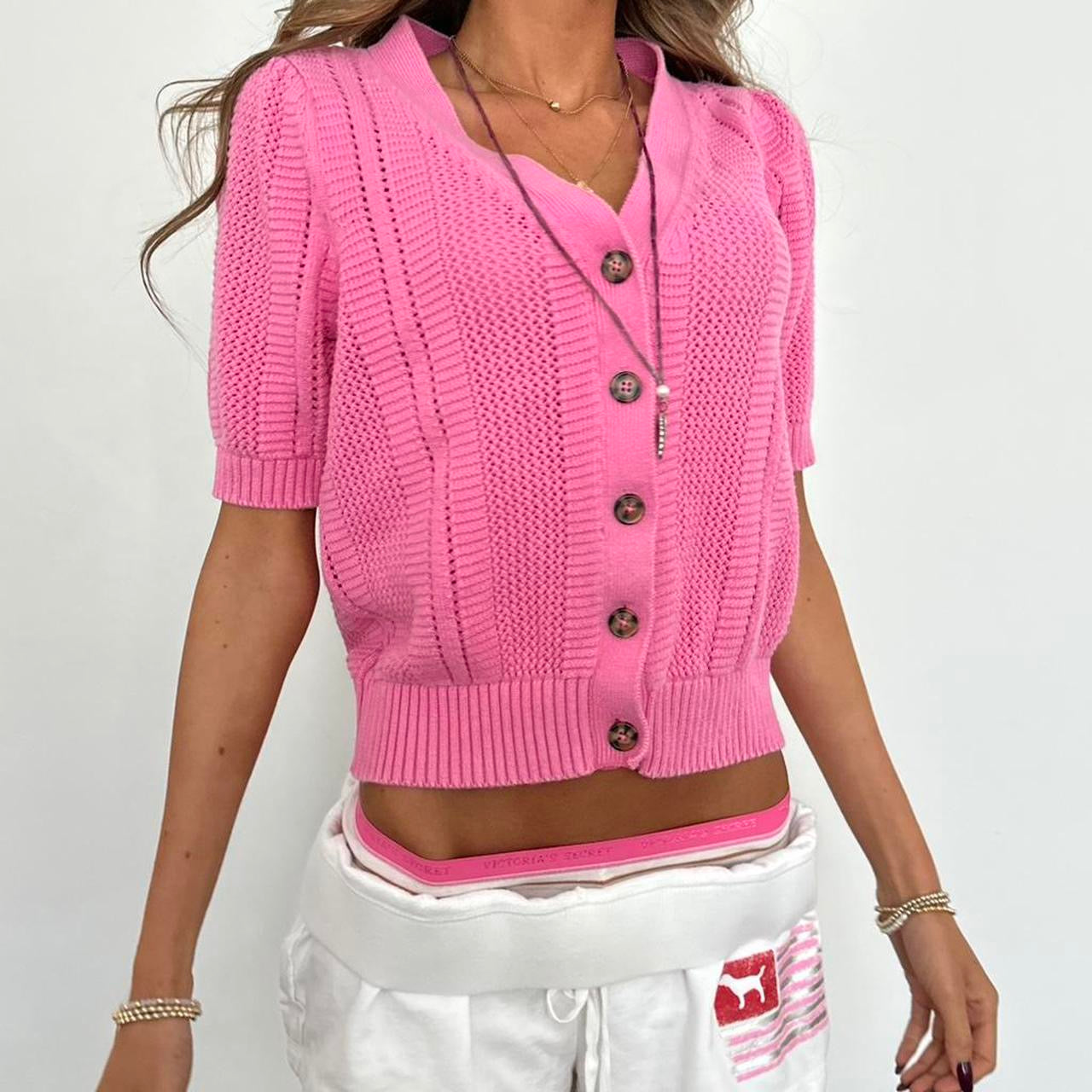 Vintage pink knit short sleeve cardigan top