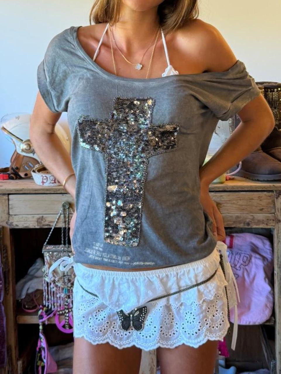 Vintage 00’s sparkly grey cross off shoulder top