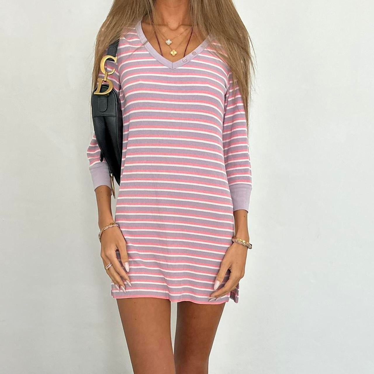 Vintage 00s light pink and blue striped long sleeve mini dress