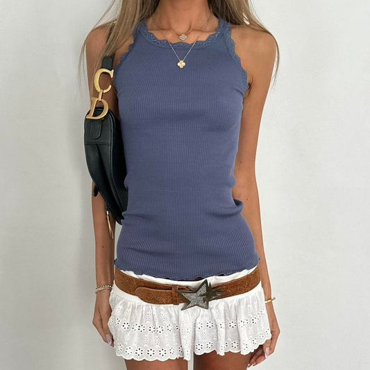 Vintage soft ribbed and lace blue top