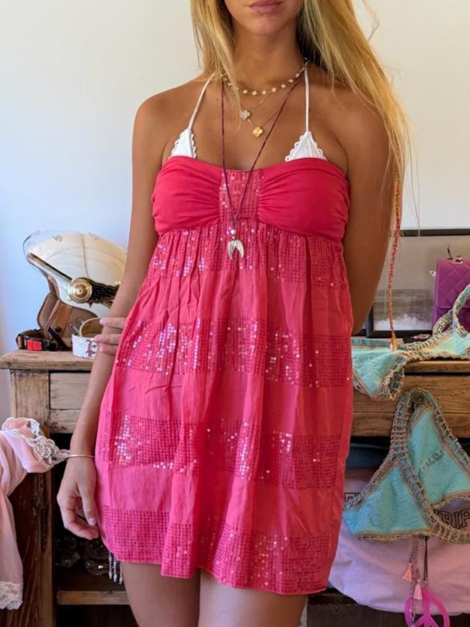 Vintage 00’s pink sequin strapless mini dress