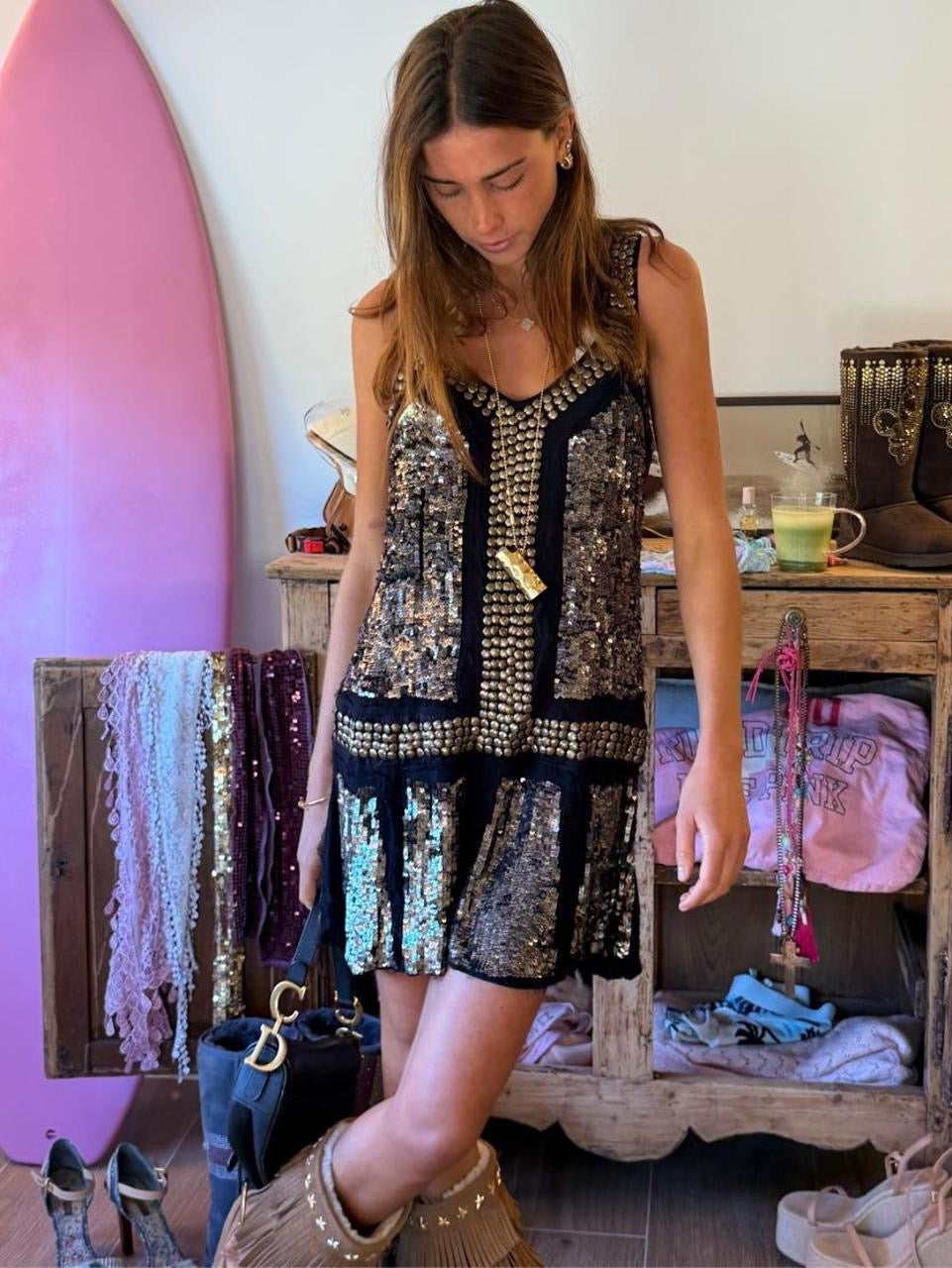 Vintage 00’s bohemian studded black and silver cool dress