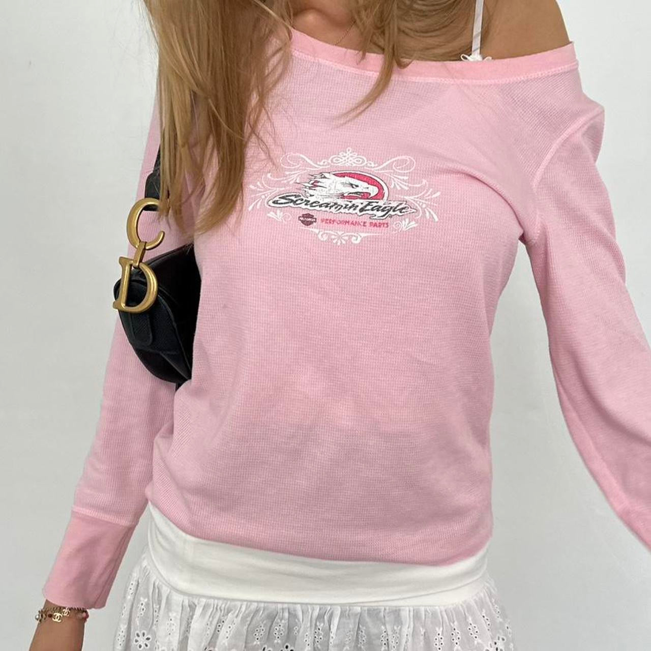 Vintage 90’s Harley Davidson pink waffle long sleeve top