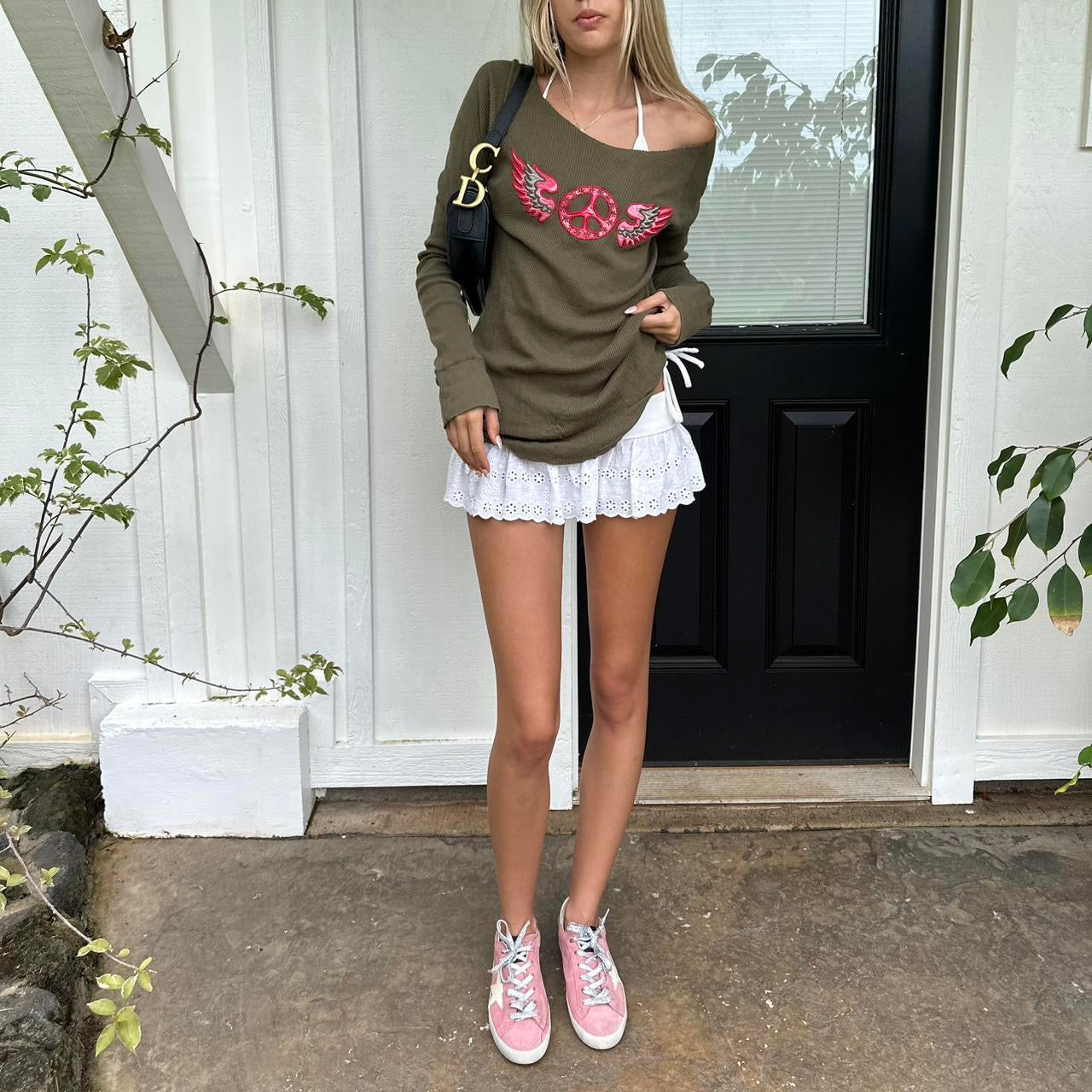 Vintage 90’s peace sign angel wings waffle long sleeve top