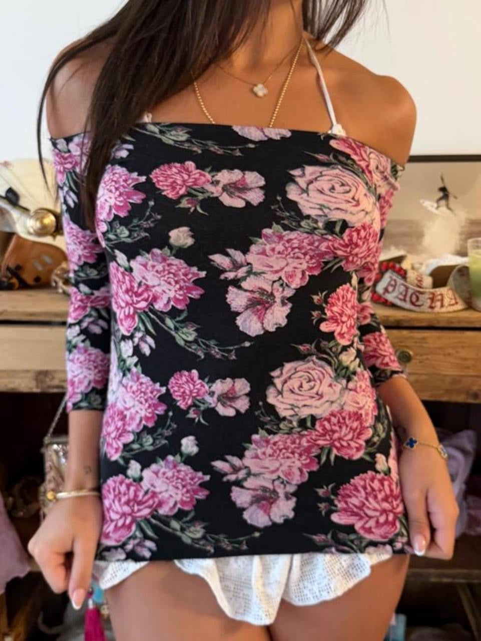 Vintage 00s floral off the shoulder long sleeve top