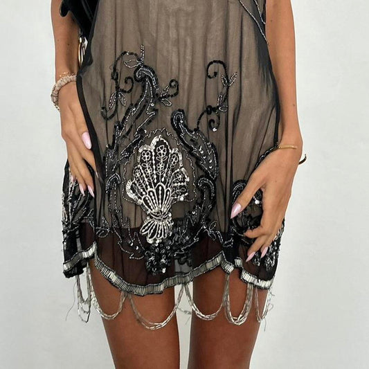 Vintage black mesh sequin and silver beading fringe dress