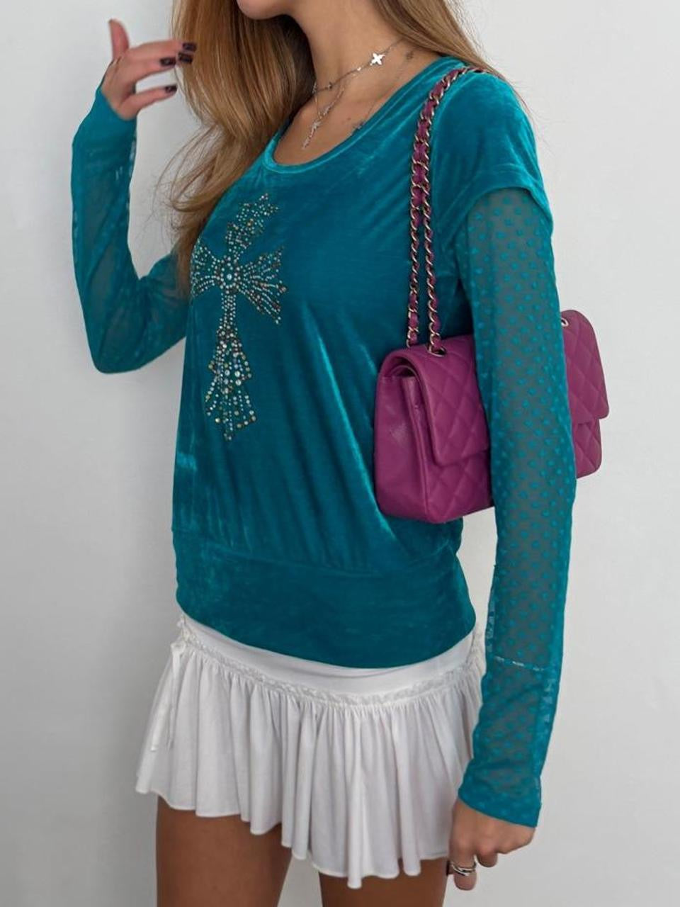 Vintage 00’s turquoise velvet cross design top
