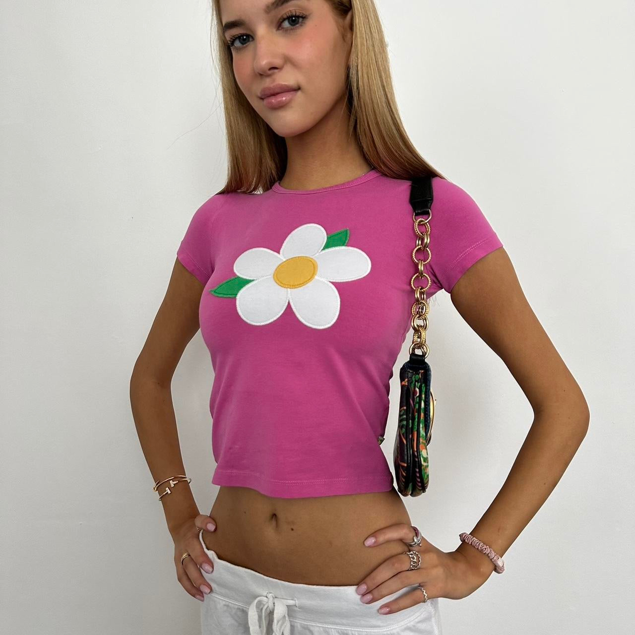 Vintage embroidered flower pink baby tee