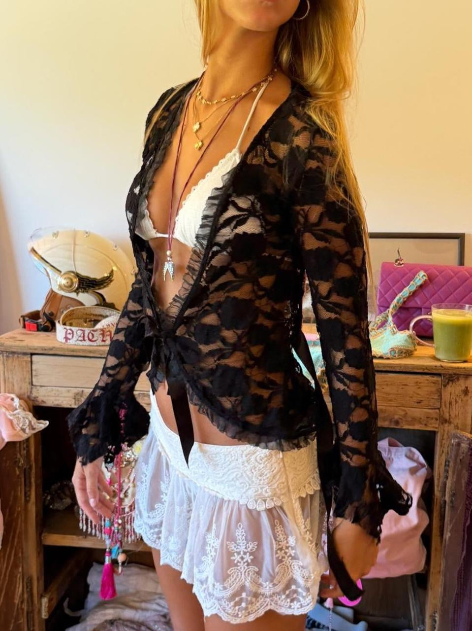 Vintage 00s black lace tie up layering top