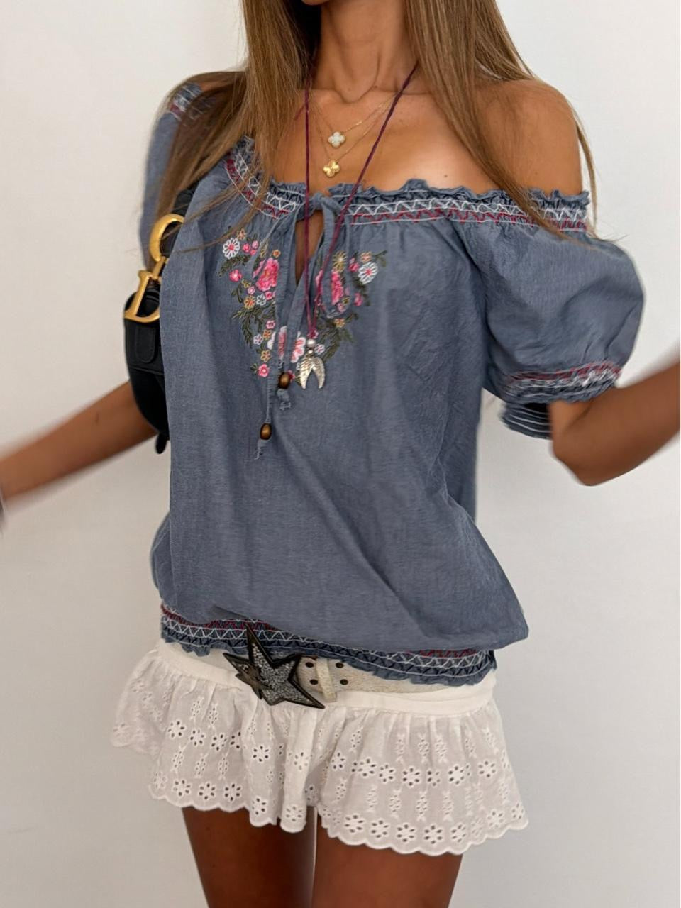 Vintage 00s denim style embroidered boho top