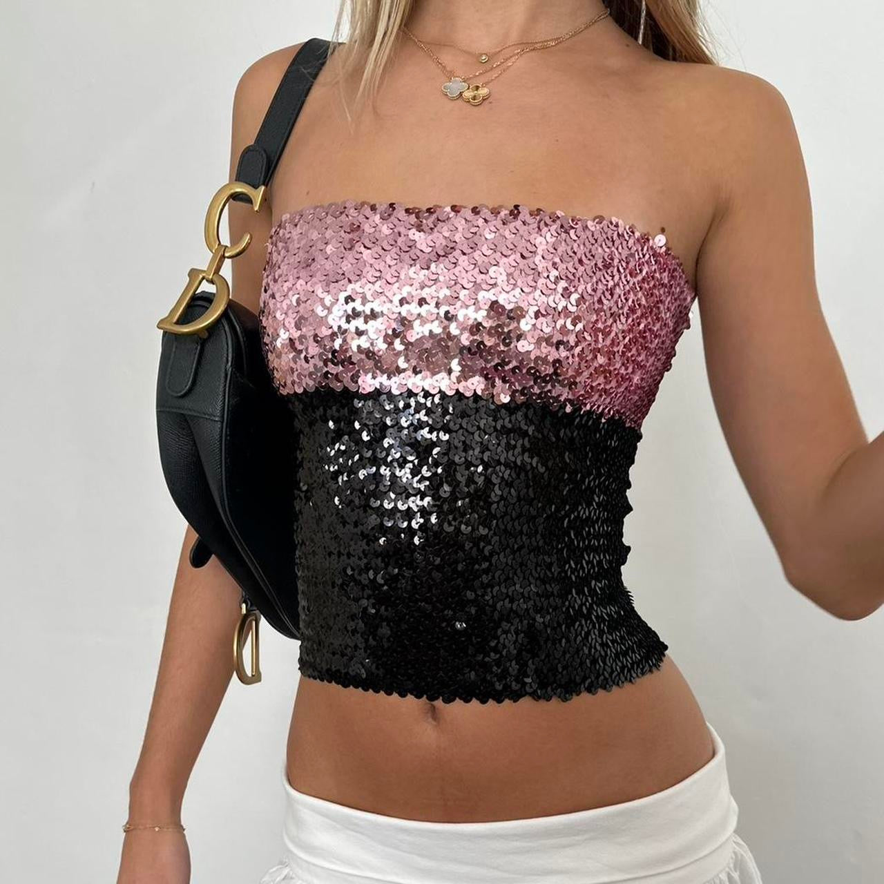 Vintage black and pink sequin strapless top