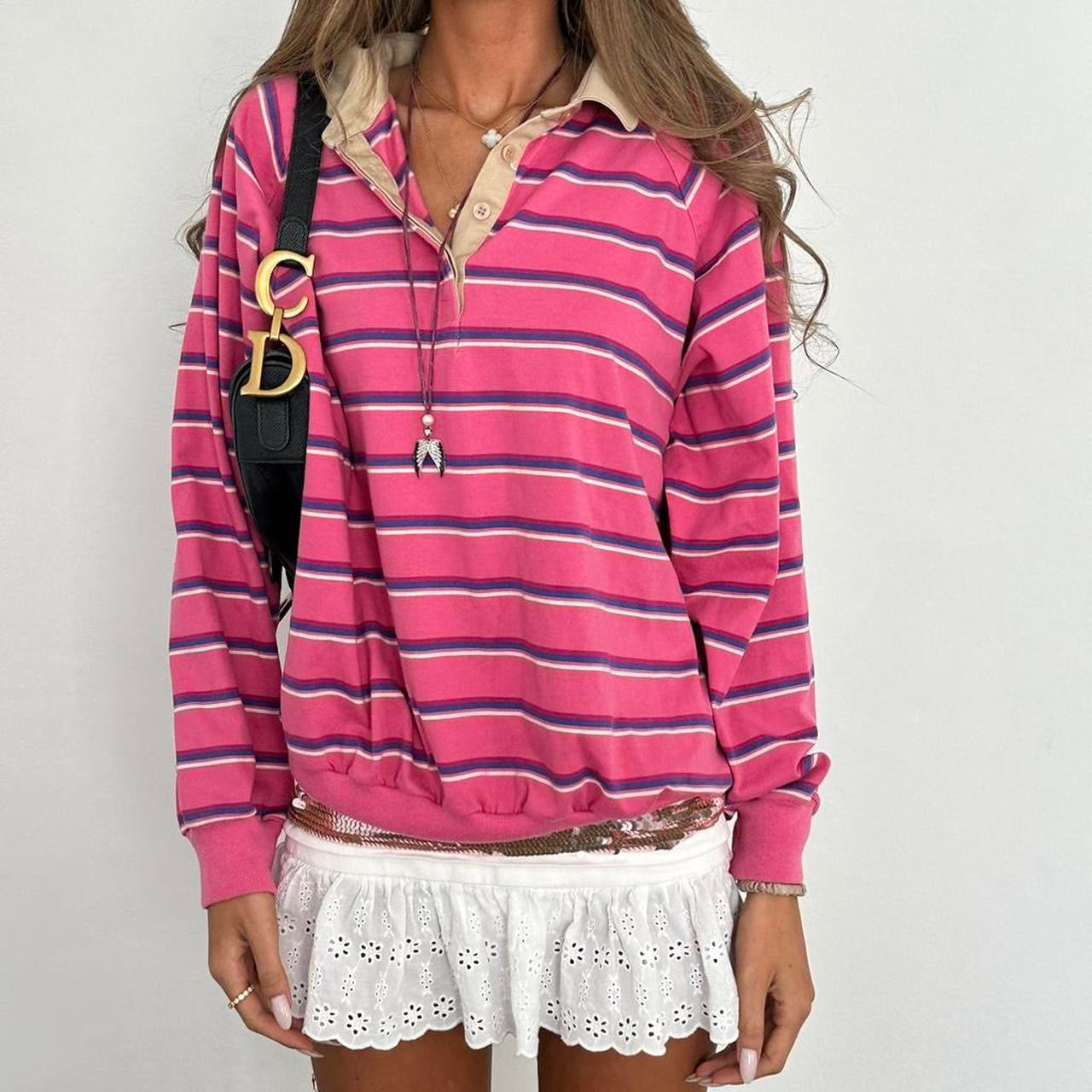 Vintage 90’s long sleeve pink striped polo top