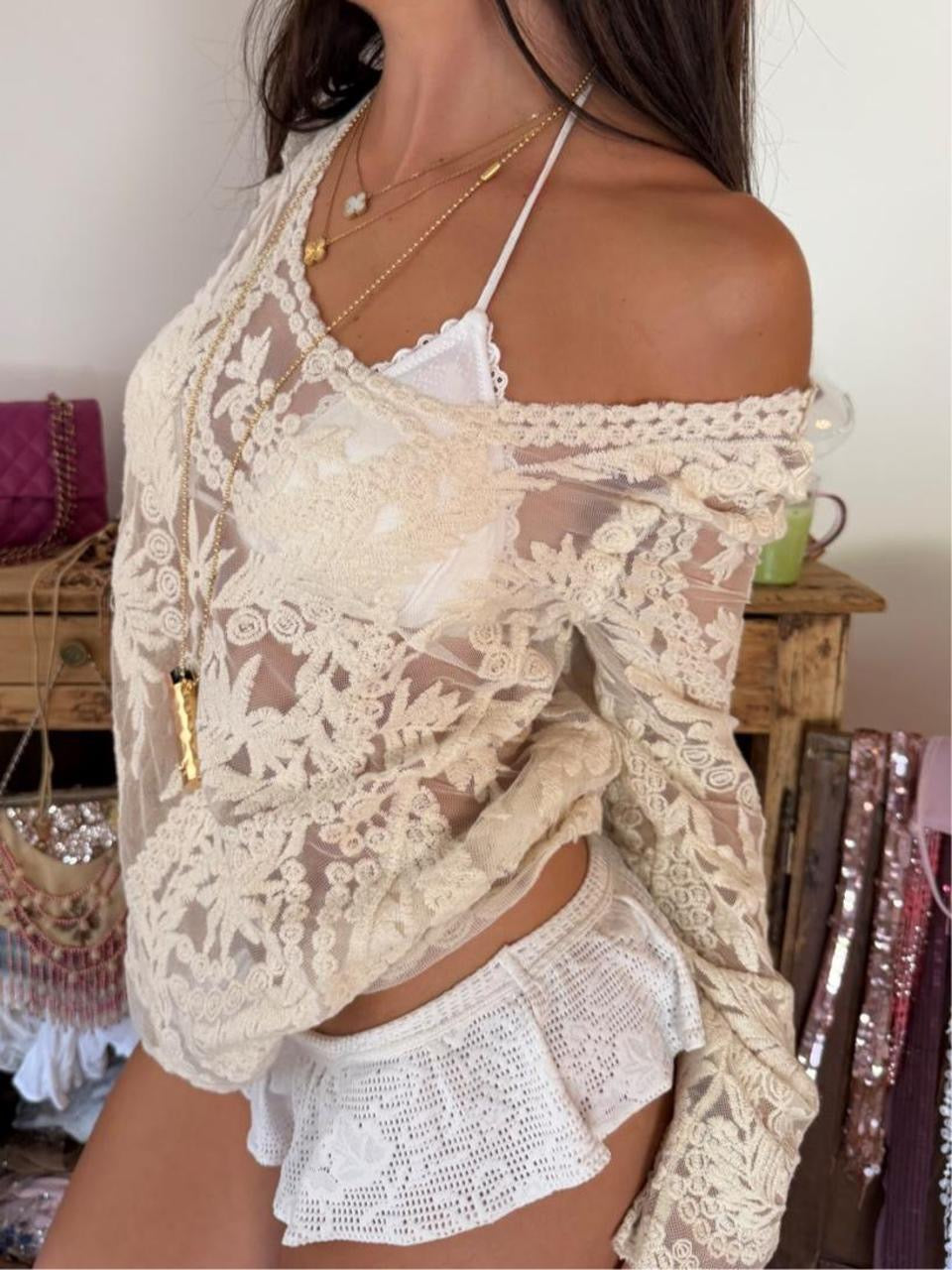 Vintage 00s cream/white lace long sleeve boho top