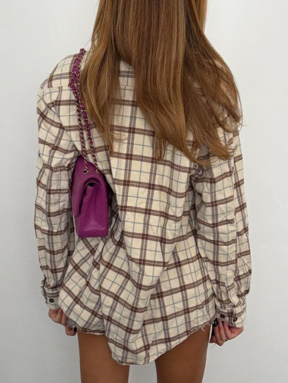 Vintage 00’s tan and baby blue plaid shirt