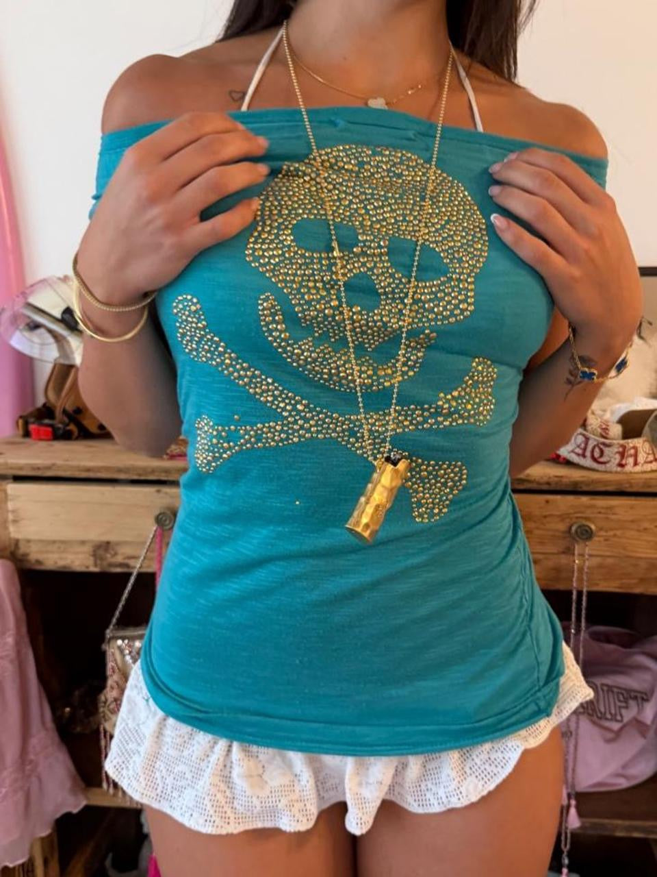 Vintage 00’s off shoulder blue skull reversible top