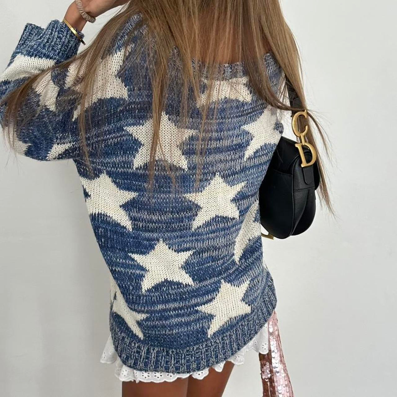 Vintage blue chunky star knit sweater
