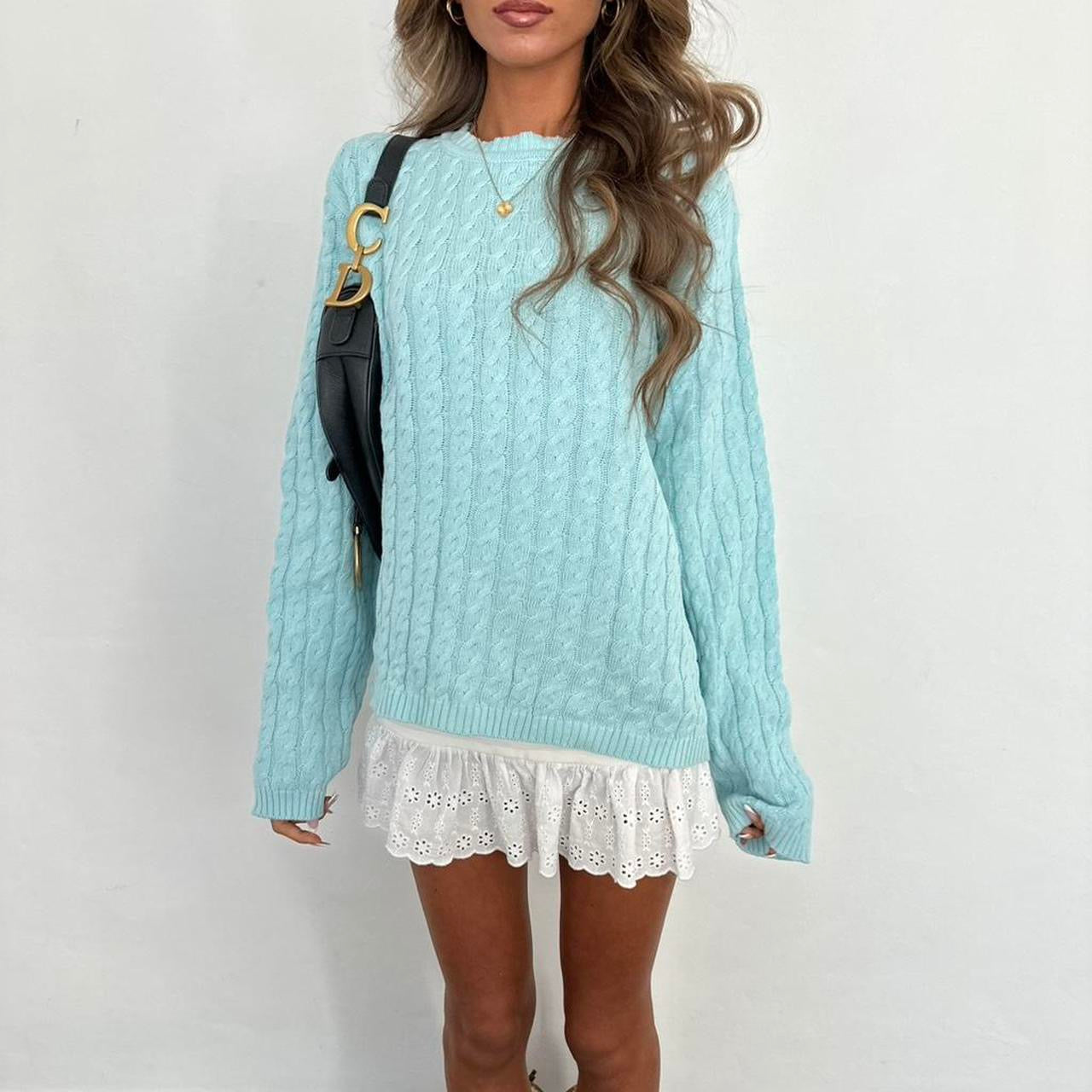 Vintage 2000s aqua blue cable knit sweater