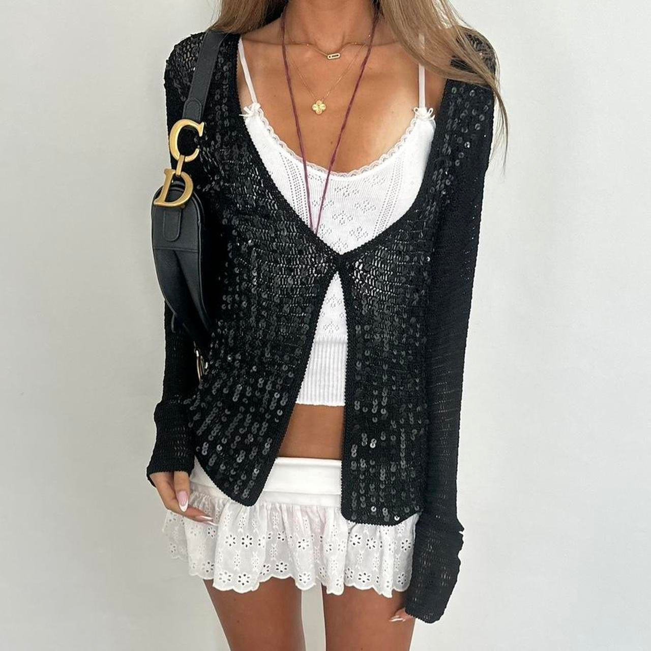 Vintage 2000s black crochet sequin cardigan top