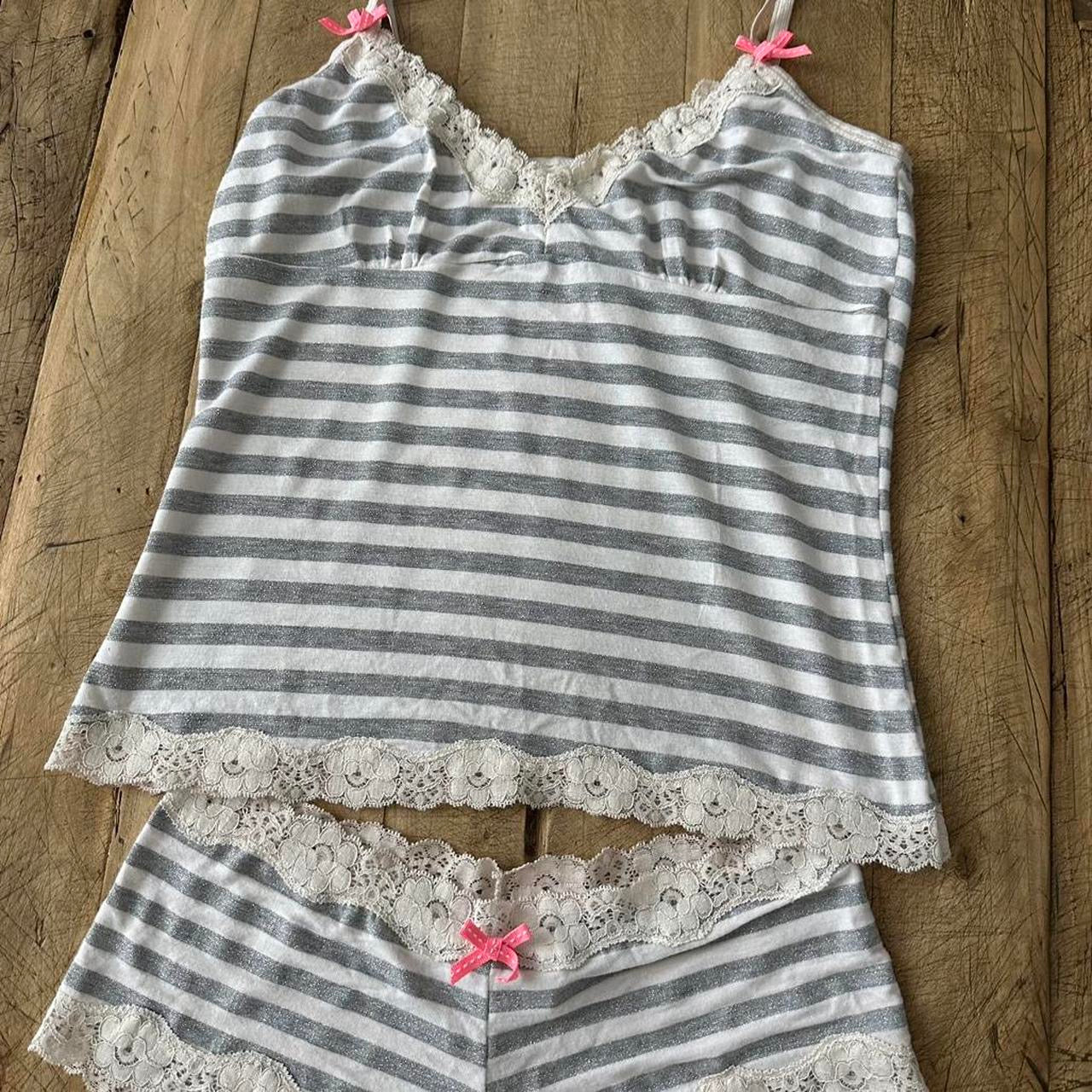 Vintage grey and white striped lace cami top and sleep shorts set