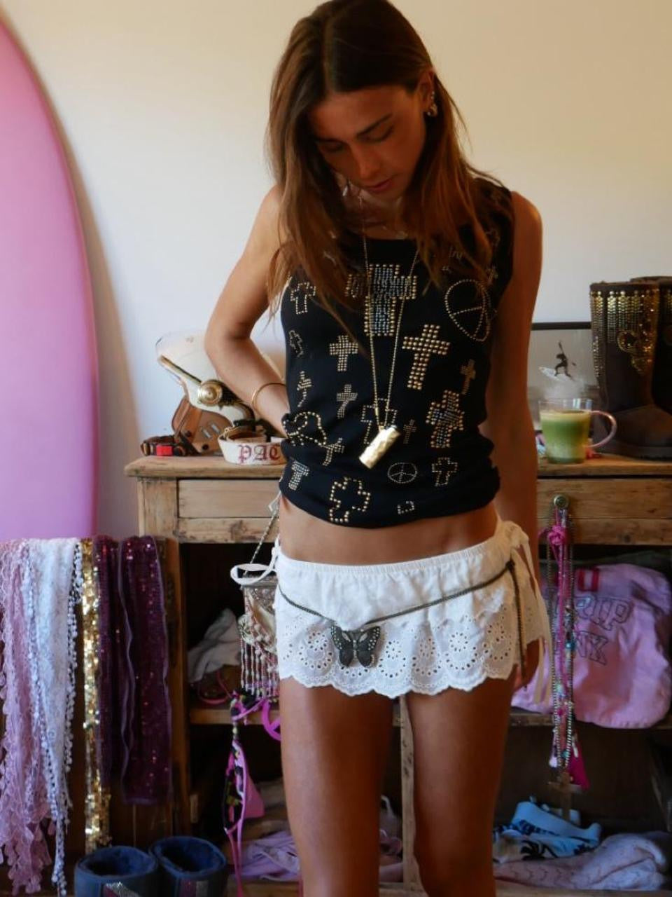 Vintage 00’s cross and peace signs studded black tank top