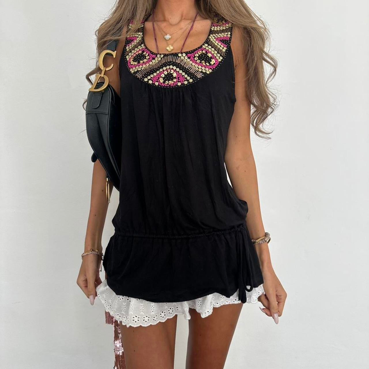 Vintage 00s black and pink beaded boho top