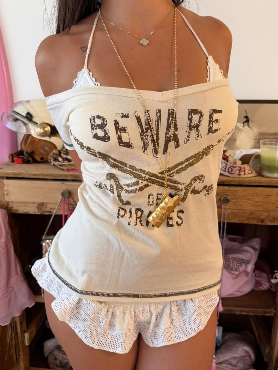 Vintage 00s ‘Beware of Pirates’ off shoulder top