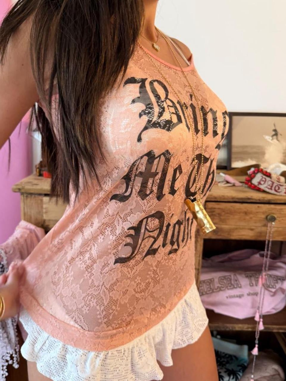 Vintage graphic script ‘Bring Me The Night’ pink tank top