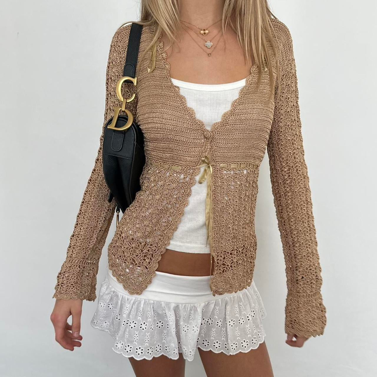 Vintage 90’s brown crochet knit cardigan top