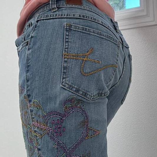 Vintage heart embroidered bootcut jeans