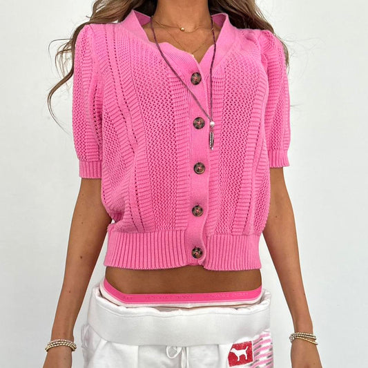 Vintage pink knit short sleeve cardigan top