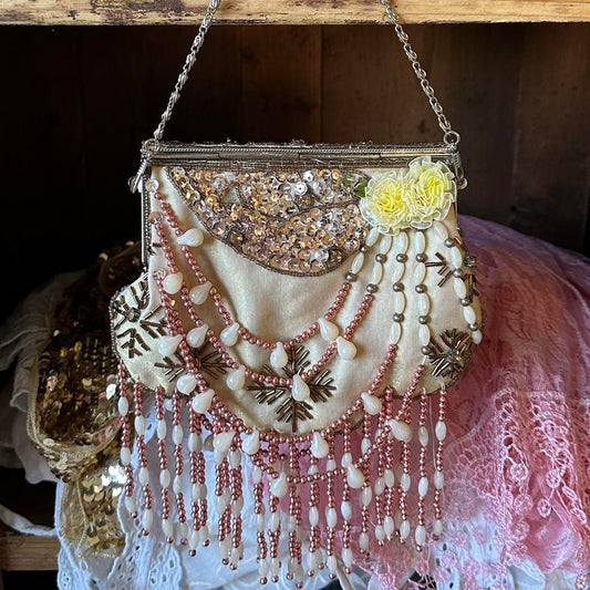 Vintage Beaded Evening Bag | Art Deco Inspired Satin Purse with Fringe & Floral Detail