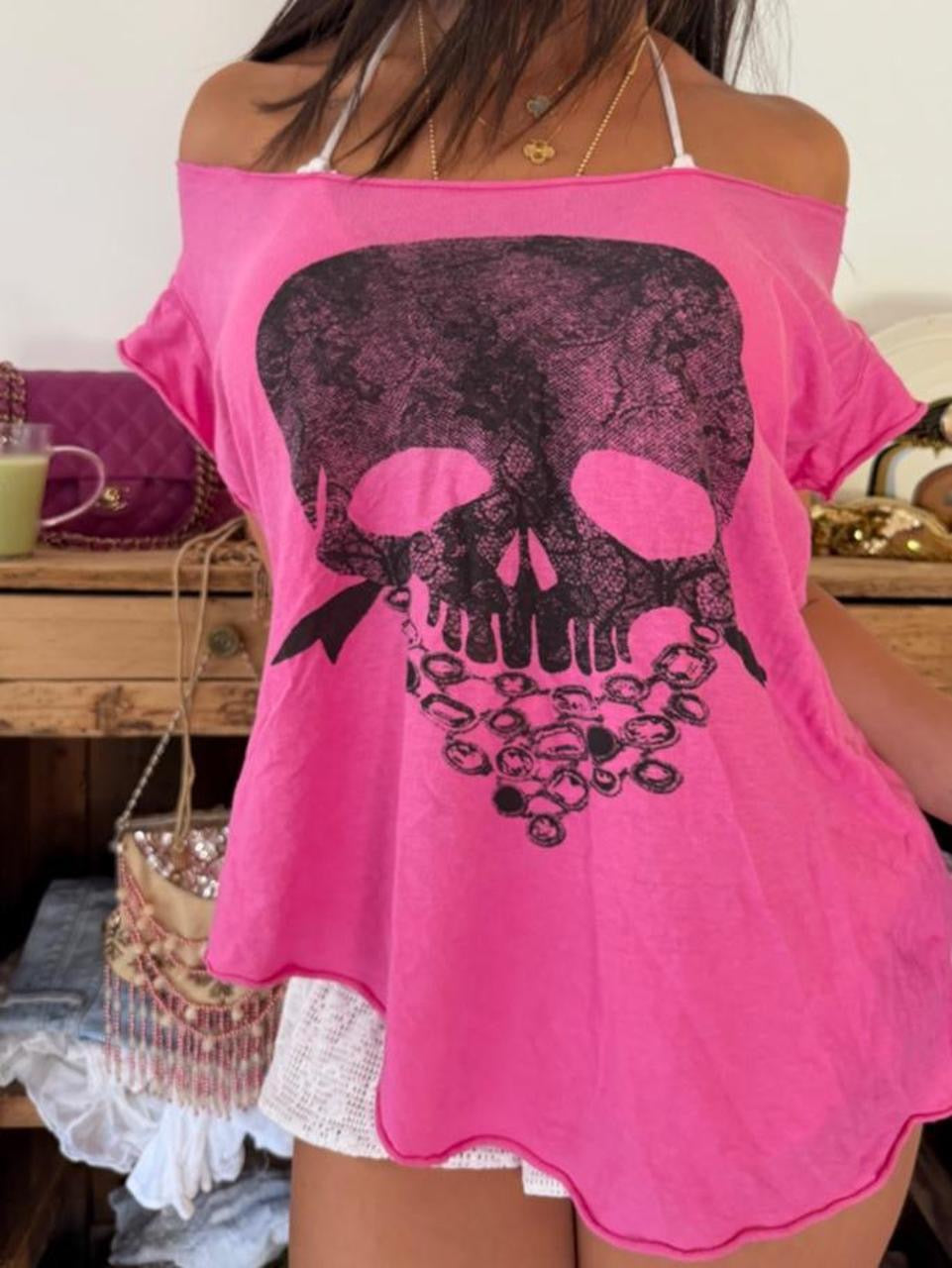 Vintage 00s pink skull off shoulder top