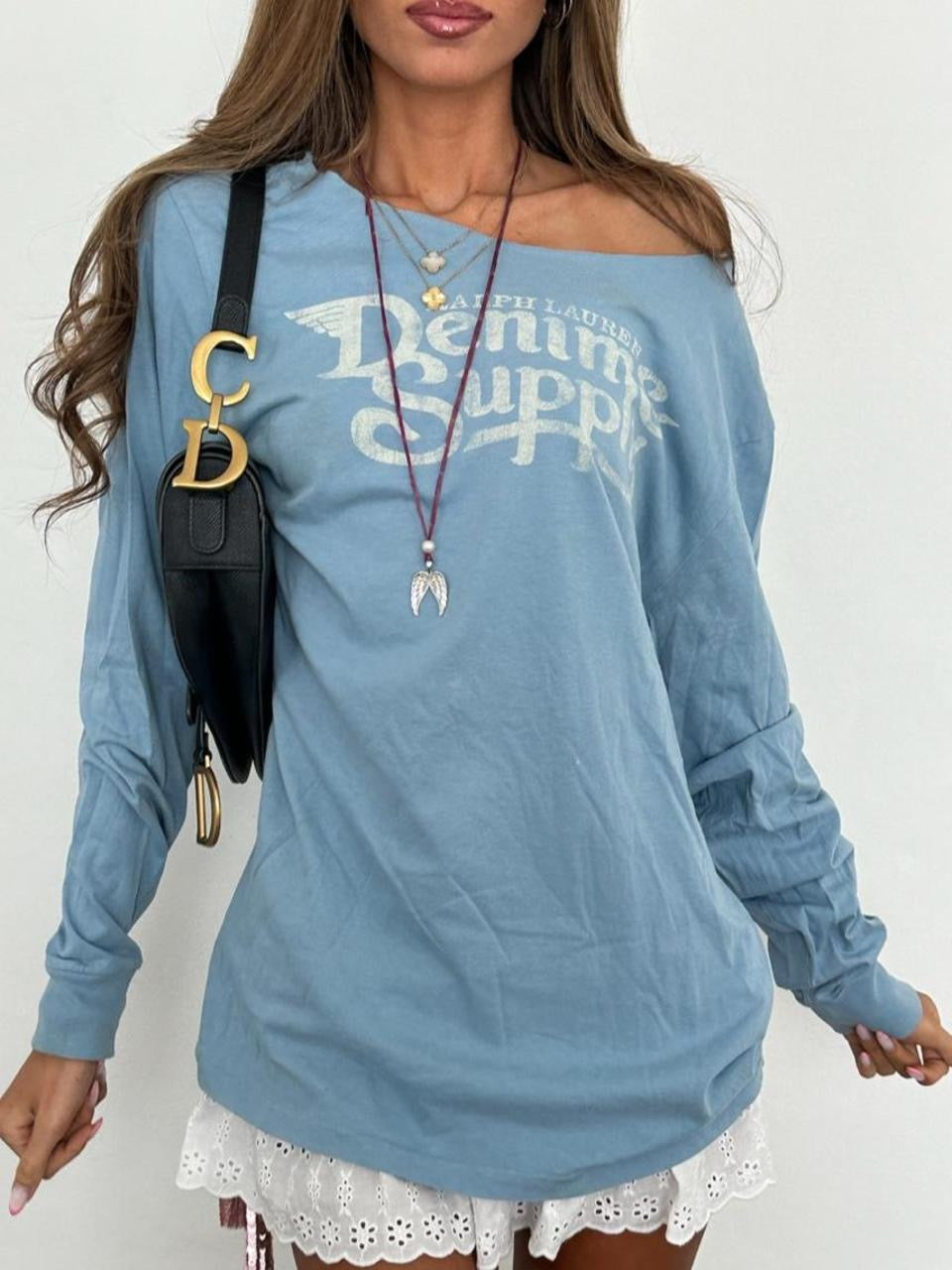 Vintage 00’s Polo Ralph Lauren blue long sleeve off the shoulder top