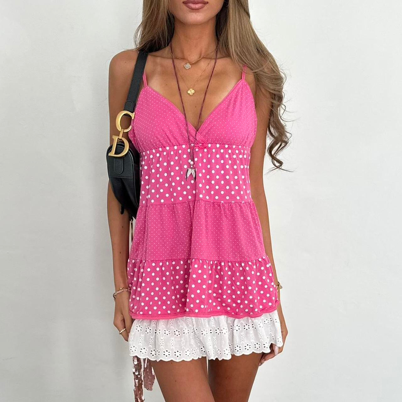 Vintage 2000’s Victoria’s Secret pink polka dot babydoll top