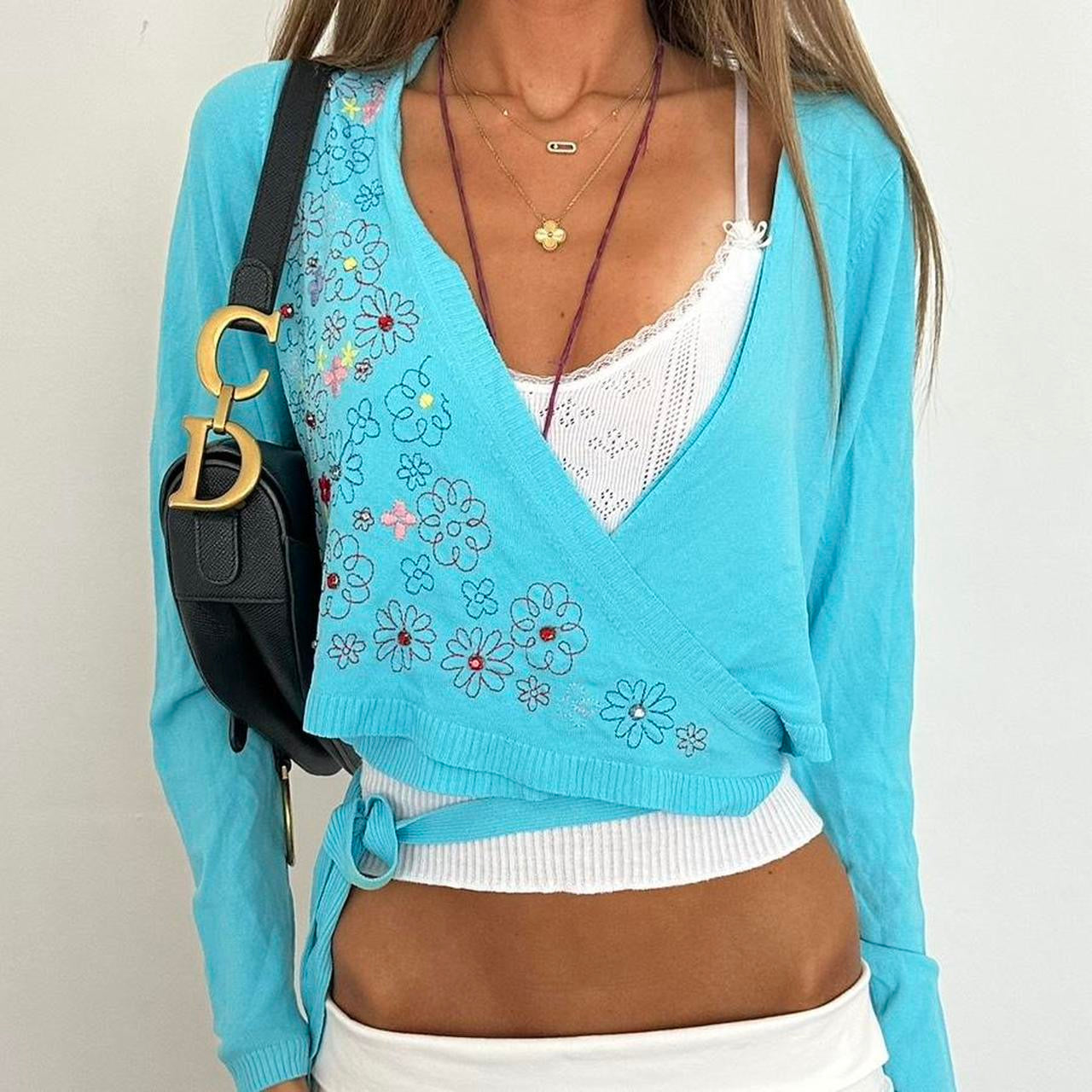 Vintage 2000s blue floral wrap cardigan top