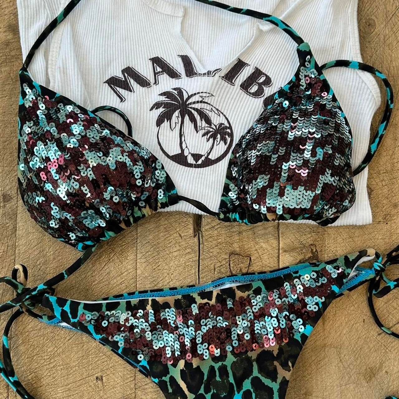 Vintage 00s sequin turquoise leopard print bikini